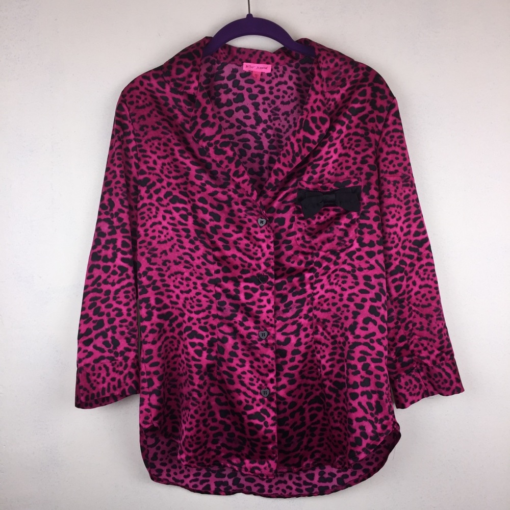 Betsey Johnson Leopard Black Pink Silky Pajama Top